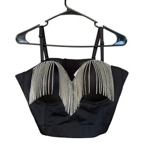 Rhinestone Fringe Bra Womens XL Black Longline Padded Underwire Party Top
